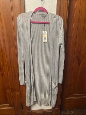 Joesph A. Grey Metallic Silver Ribbed Duster Cardigan Open Front